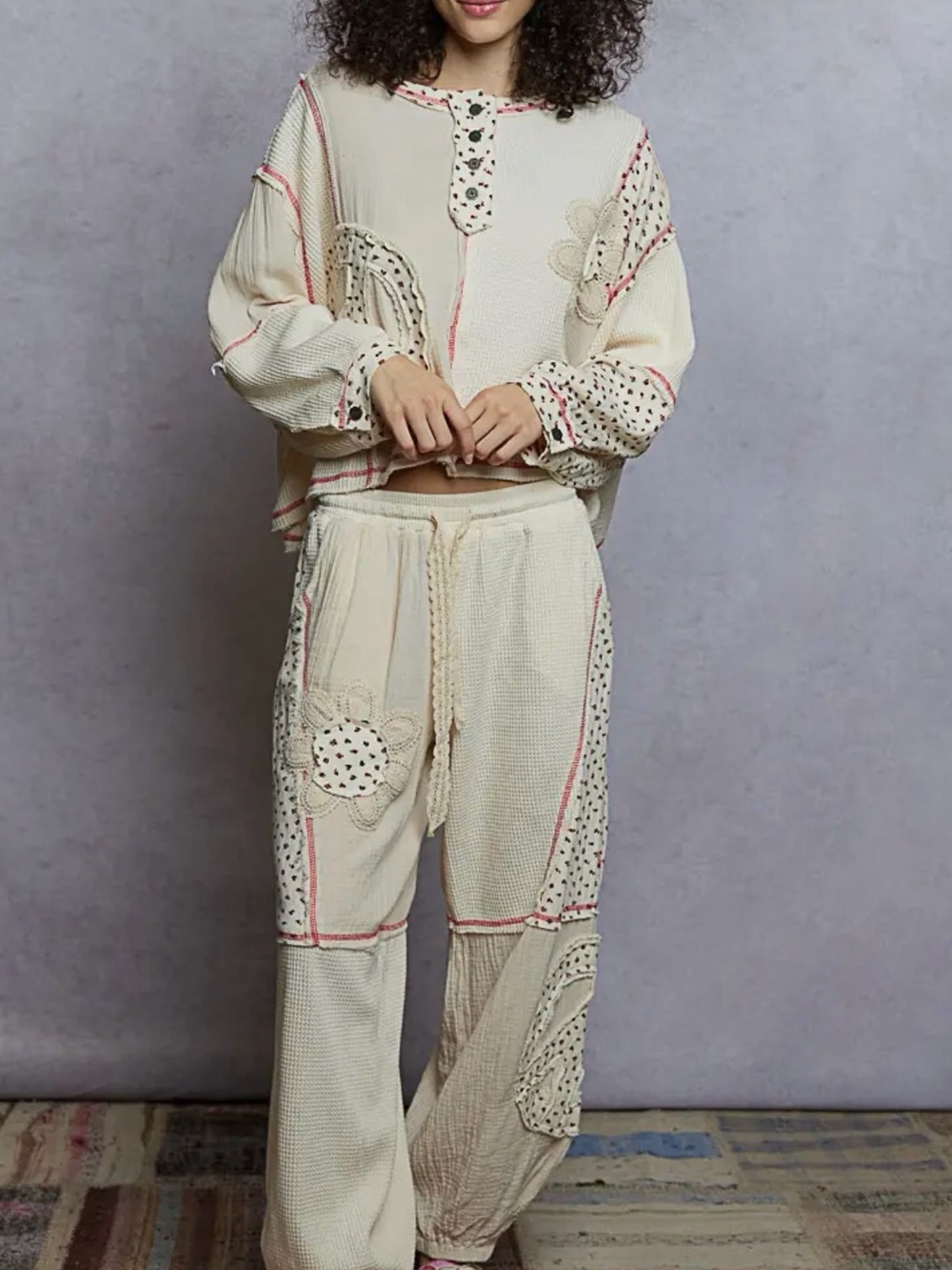 POL Cream Double Gauze Patch Floral Pattern Thermal Knit Pants NEW FALL WINTER